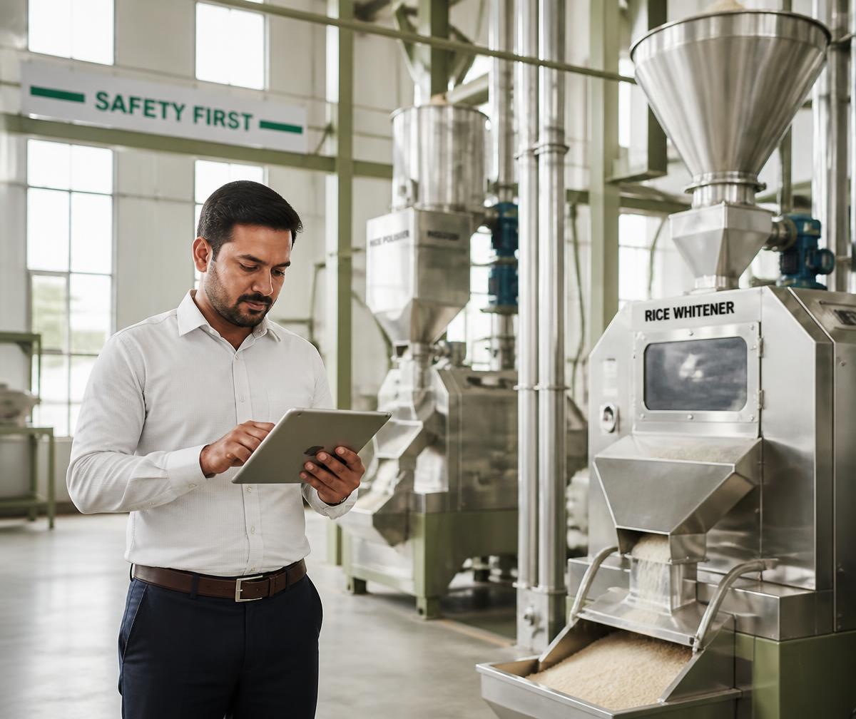 Operations manager reviewing production on a tablet inside a modern rice mill